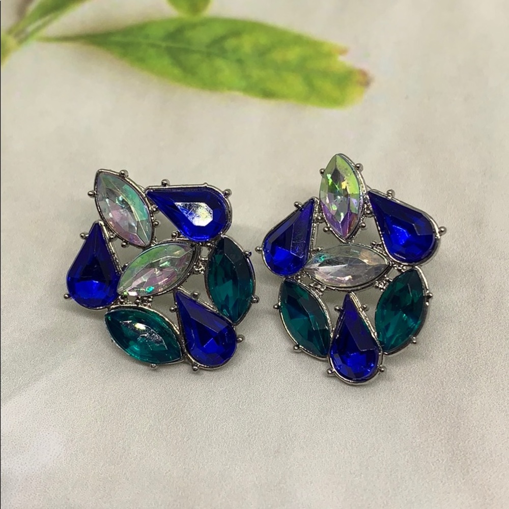 Blue Green & White Rhinestone Earrings